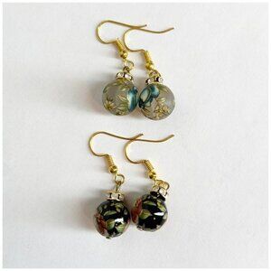 New Clossoine Earrings 2 Pairs - Black Pink Rose + Clear Blue Rose Rhinestones